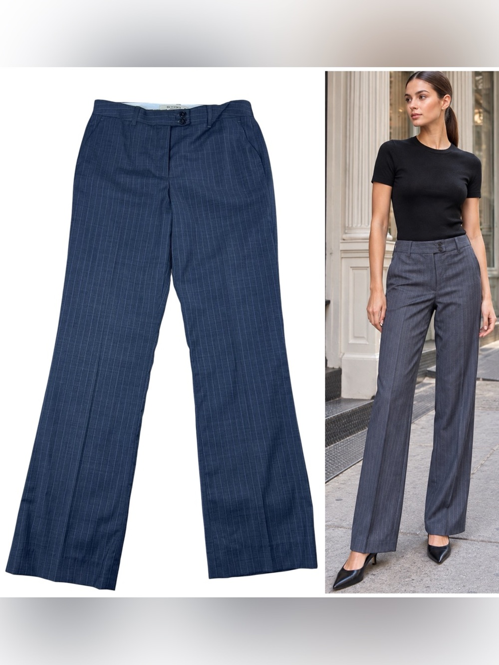 ETRO Womens Wool Stripe Dress Pants Sz 6 Grey Straight Leg Trousers Quiet Luxury
